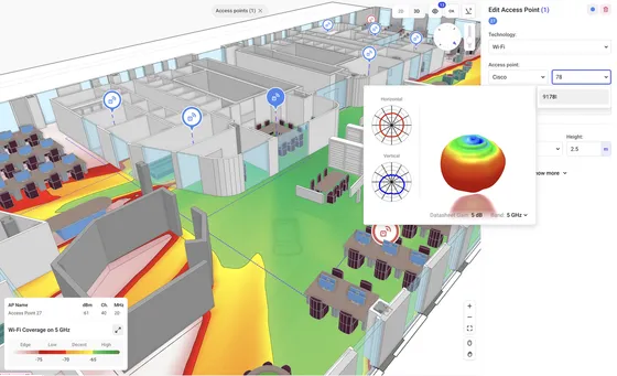 Carte de couverture Wi-Fi simulée sur plan
